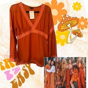 Burnt Orange boho hippie V-Neck light weight summer fall festival concert Blouse